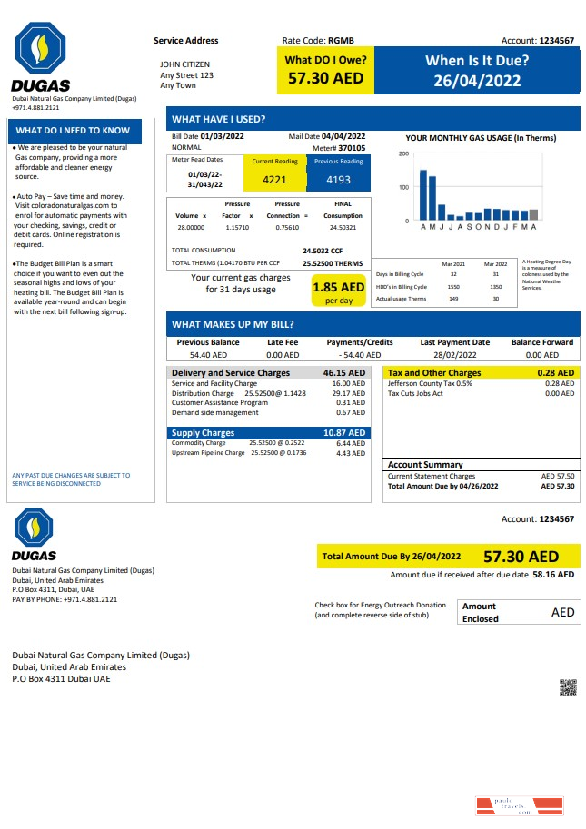 UAE Dubai Natural Gas Company Limited (Dugas) utility bill template in Word and PDF format